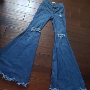 Women Medium Wash Flare Leg Distressed Jeans